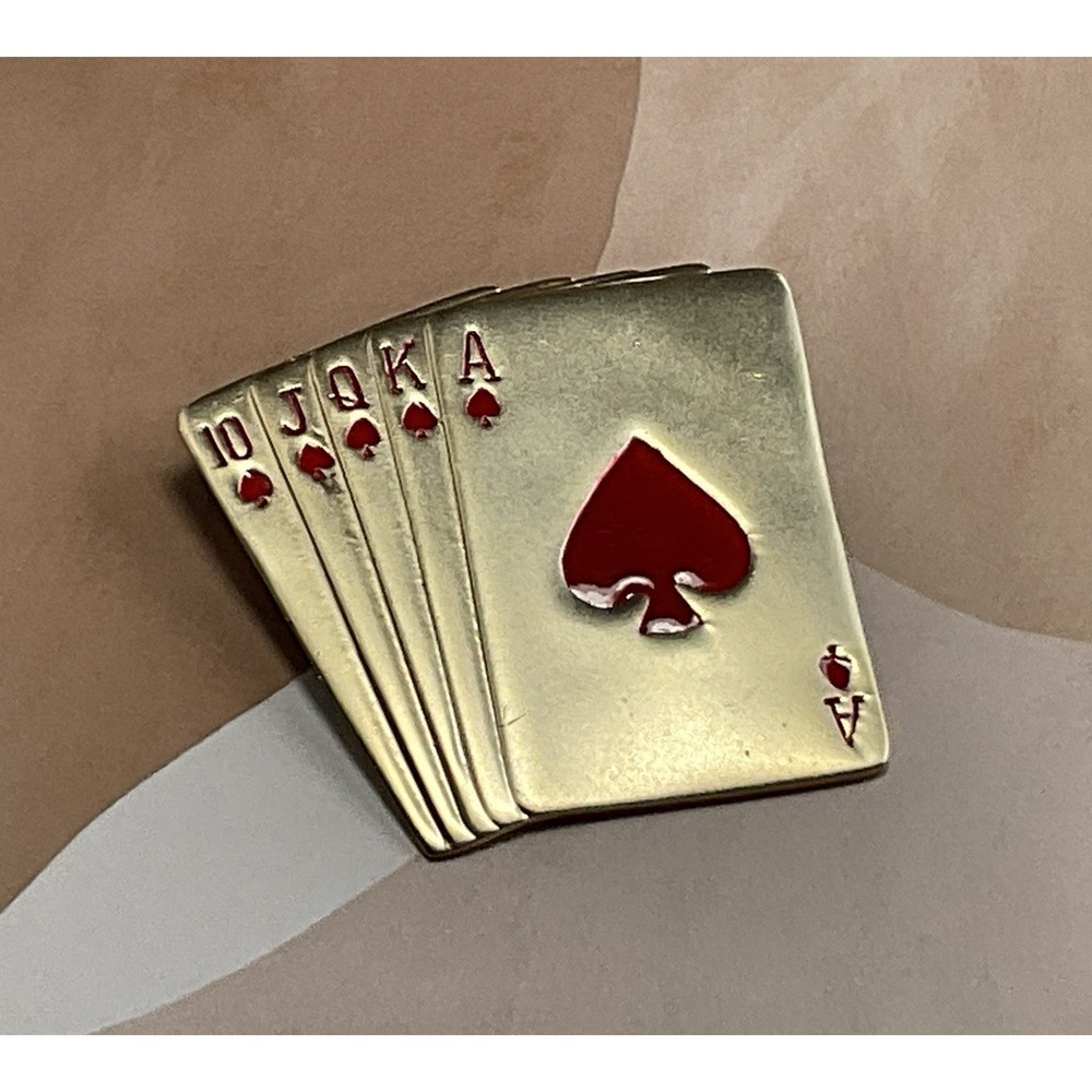 Vintage Gold Tone Royal Flush Playing Cards Brooch Pin 2" x  1-3/4"
